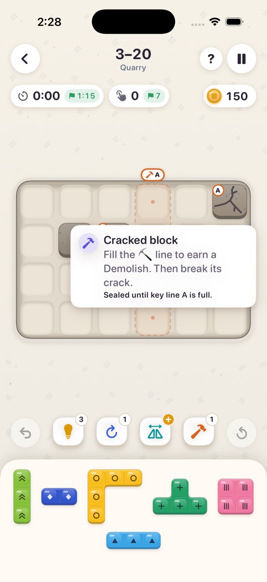 A Quarry level with a callout that explains the cracked block rule, shown after tapping the cell.