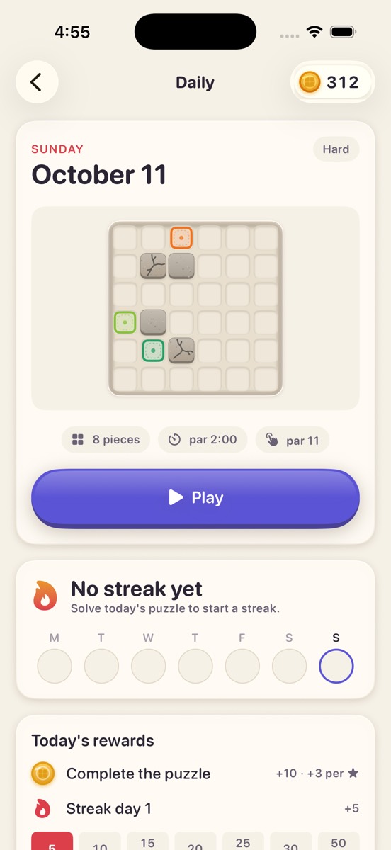 The Daily puzzle for Sunday, October 11, marked Hard, with a Play button, the week's streak and today's rewards.