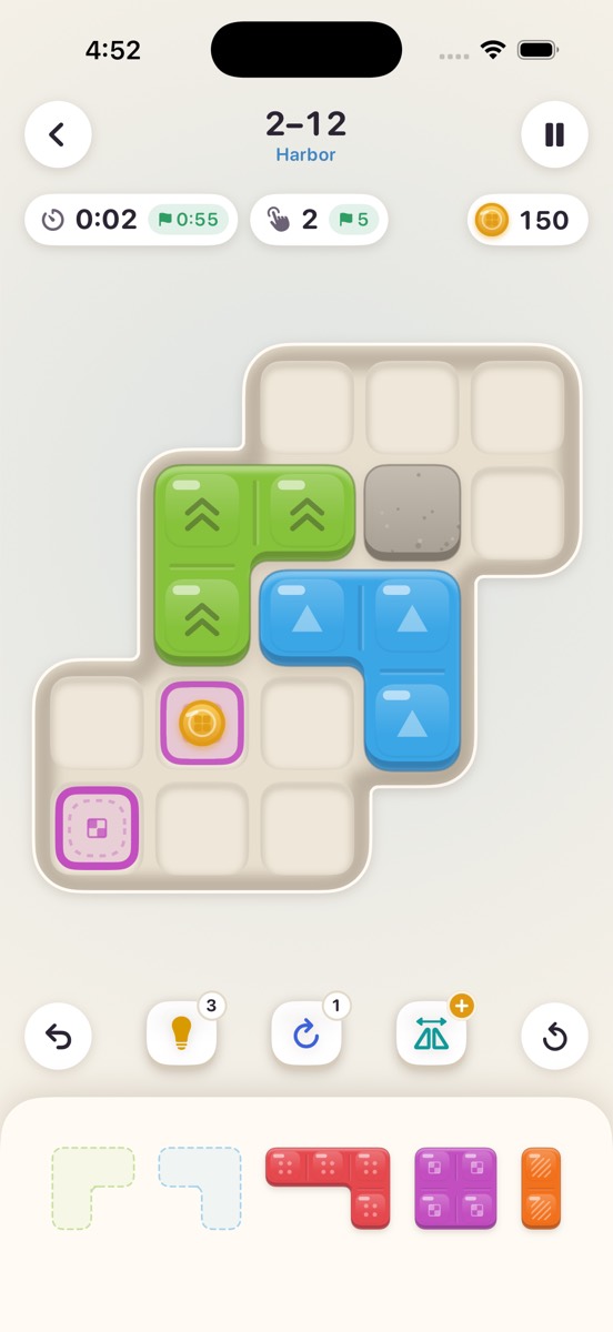 Level 2-12 in Harbor, partly solved: colored pieces already placed on the board, the timer running, and the rest of the pieces waiting in the tray.