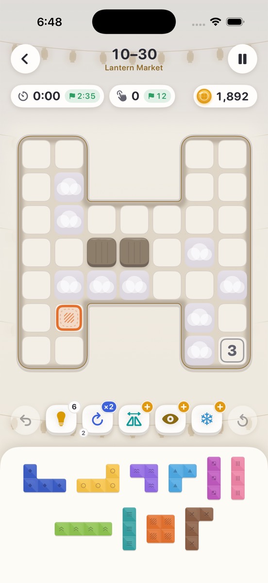 Level 10-30 in Lantern Market: clouds of fog hide part of the board, beside fixed blocks and a number cell.