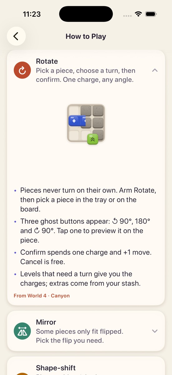 The How to Play guide open on Rotate, with a small animated example and step-by-step notes.