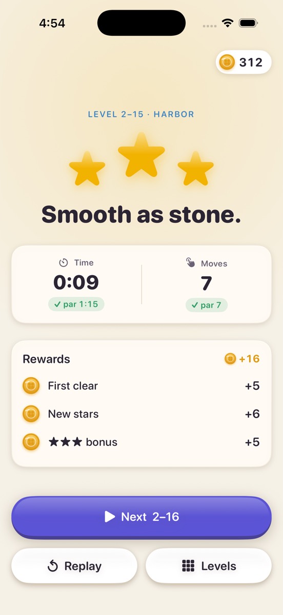 Three stars on level 2-15 in Harbor: solved in 0:09 against a par of 1:15, in 7 moves against a par of 7, with the coins earned.