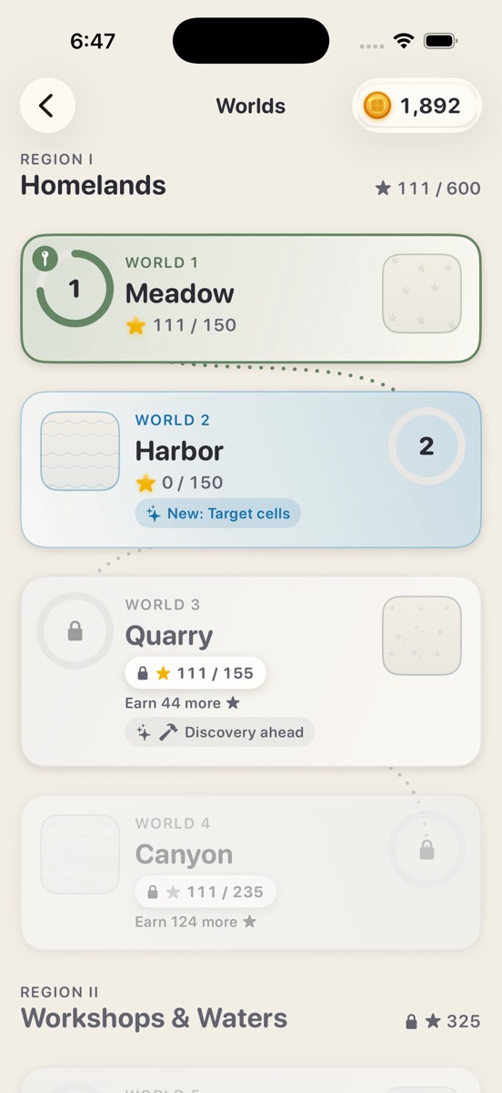 The worlds map: Meadow, Harbor, Quarry and Canyon cards, each with a star count and a progress ring.